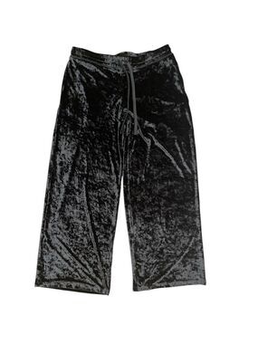 HUE L black crushed velvet pull on drawstring/elastic waist wide leg pants heavy